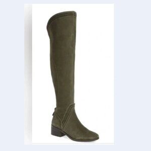 NWT Vince Camuto suede OTK riding boots laser cut out low heel olive green gray